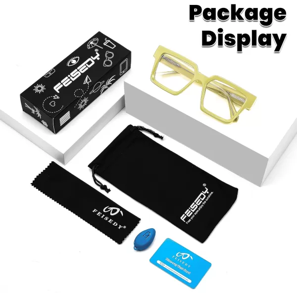 FEISEDY Blue Light Blocking Glasses for Women Men TR Retro Square Anti Eyestrain Glasses Rectangle Chic Look Frame B0037003  Yellow