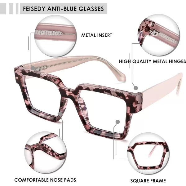 FEISEDY Blue Light Blocking Glasses for Women Men TR Retro Square Anti Eyestrain Glasses Rectangle Chic Look Frame B0037004  Pink Leopard
