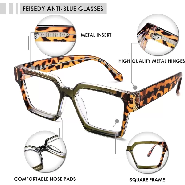FEISEDY Blue Light Blocking Glasses for Women Men TR Retro Square Anti Eyestrain Glasses Rectangle Chic Look Frame B0037005  Green Leopard
