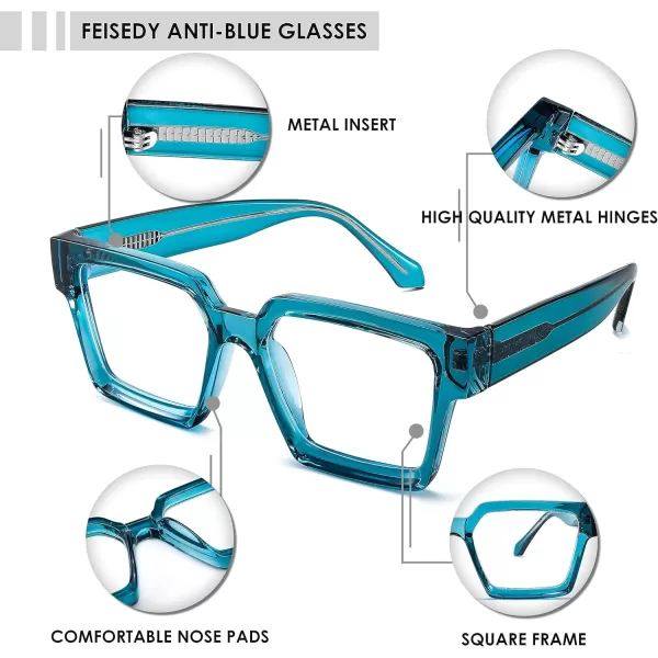 FEISEDY Blue Light Blocking Glasses for Women Men TR Retro Square Anti Eyestrain Glasses Rectangle Chic Look Frame B0037006  Blue
