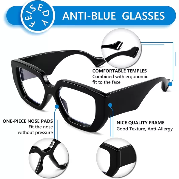 FEISEDY Blue Light Glasses for Women Oversized Square Thick Frame Computer Eyeglass Anti Eyestrain B4129Black