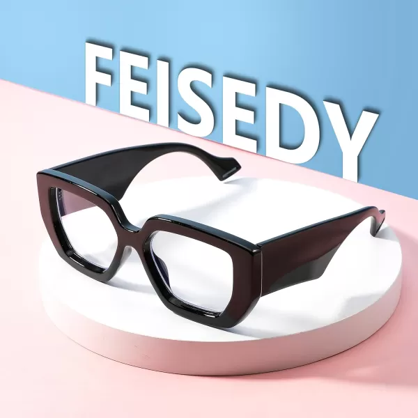 FEISEDY Blue Light Glasses for Women Oversized Square Thick Frame Computer Eyeglass Anti Eyestrain B4129Black