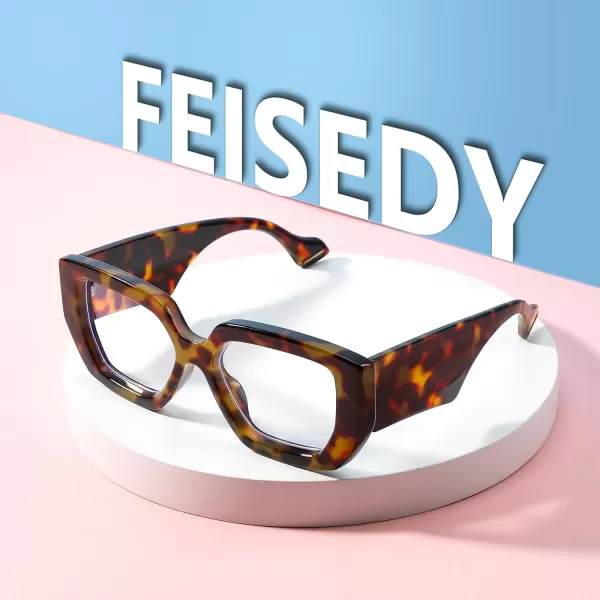 FEISEDY Blue Light Glasses for Women Oversized Square Thick Frame Computer Eyeglass Anti Eyestrain B4129Leopard