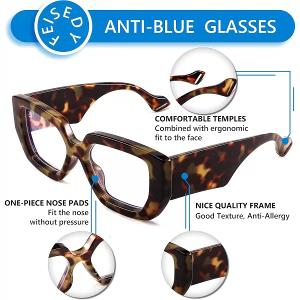 FEISEDY Blue Light Glasses for Women Oversized Square Thick Frame Computer Eyeglass Anti Eyestrain B4129Leopard