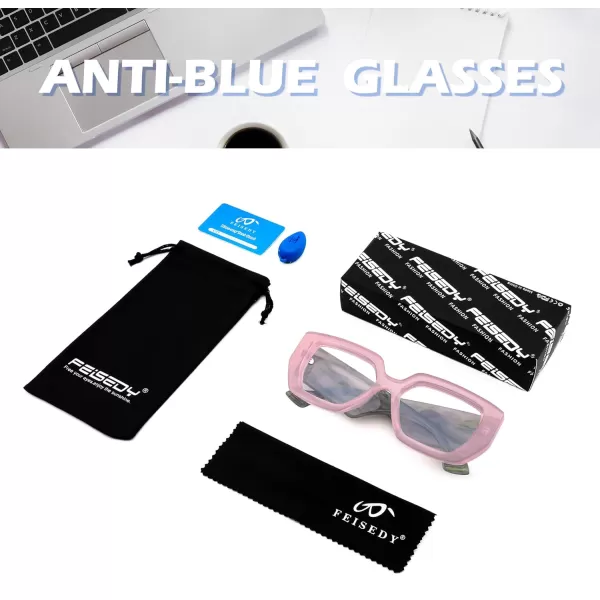 FEISEDY Blue Light Glasses for Women Oversized Square Thick Frame Computer Eyeglass Anti Eyestrain B4129Pink FrameGreen Temple