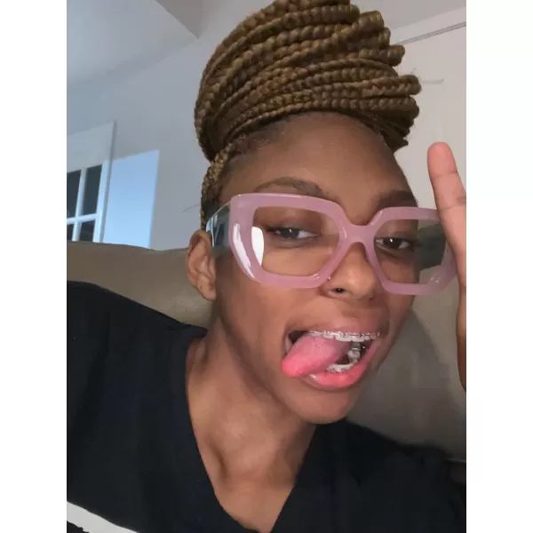 FEISEDY Blue Light Glasses for Women Oversized Square Thick Frame Computer Eyeglass Anti Eyestrain B4129Pink FrameGreen Temple