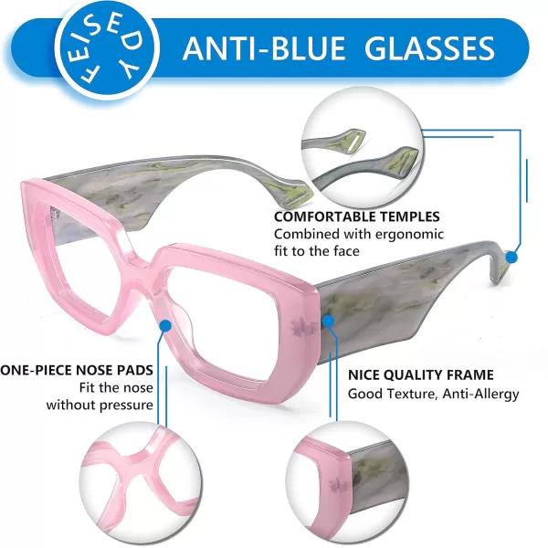 FEISEDY Blue Light Glasses for Women Oversized Square Thick Frame Computer Eyeglass Anti Eyestrain B4129Pink FrameGreen Temple