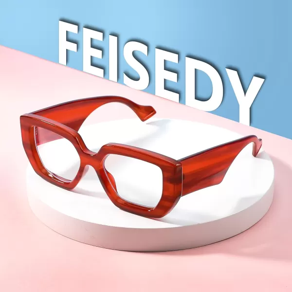 FEISEDY Blue Light Glasses for Women Oversized Square Thick Frame Computer Eyeglass Anti Eyestrain B4129Red