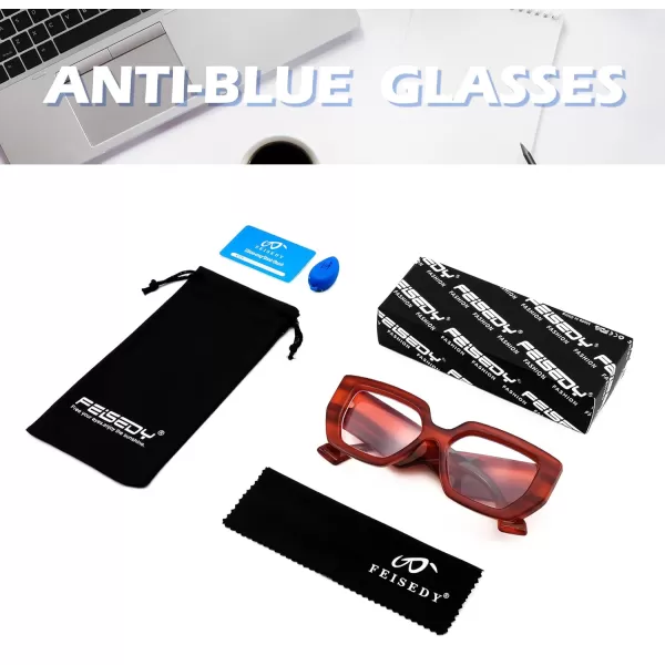 FEISEDY Blue Light Glasses for Women Oversized Square Thick Frame Computer Eyeglass Anti Eyestrain B4129Red