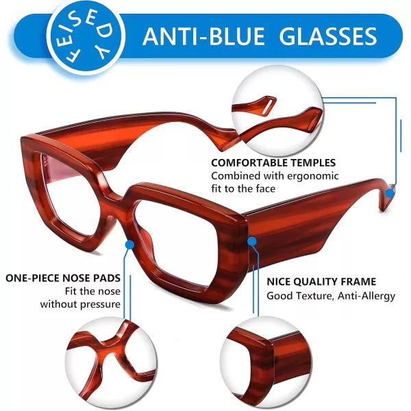 FEISEDY Blue Light Glasses for Women Oversized Square Thick Frame Computer Eyeglass Anti Eyestrain B4129Red