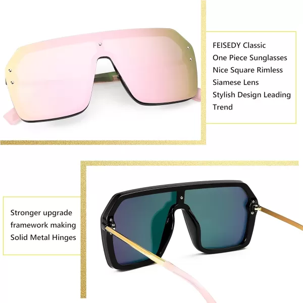 FEISEDY Classic Siamese One Piece Sunglasses Nice Rimless Stylish Retro Design for Women Men B257401 Mirrored Pink