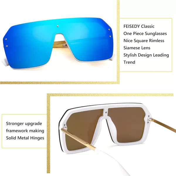 FEISEDY Classic Siamese One Piece Sunglasses Nice Rimless Stylish Retro Design for Women Men B257406 Mirrored Blue