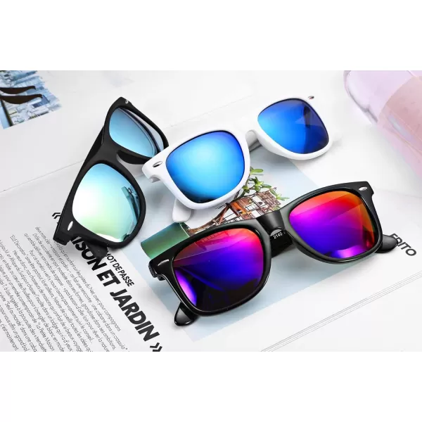 FEISEDY Classic Square Retro Polarized Sunglasses Women Men 80s Sun Glasses Trendy UV400 B1858Bright Black Frame  Purple Mirror Lens