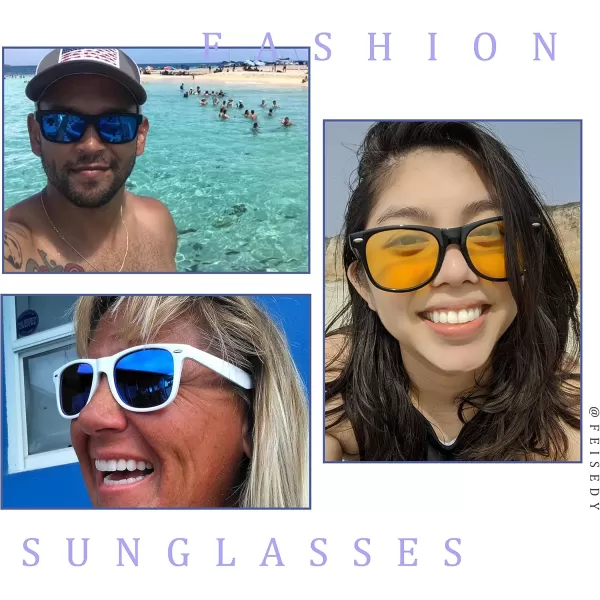FEISEDY Classic Square Retro Polarized Sunglasses Women Men 80s Sun Glasses Trendy UV400 B1858Frosted White Frame  Blue Mirror Lens