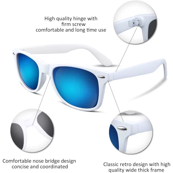 FEISEDY Classic Square Retro Polarized Sunglasses Women Men 80s Sun Glasses Trendy UV400 B1858Frosted White Frame  Blue Mirror Lens