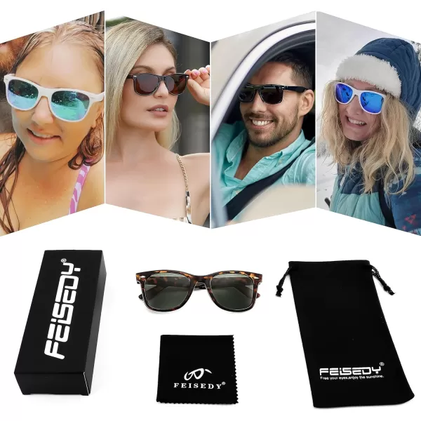 FEISEDY Classic Square Retro Polarized Sunglasses Women Men 80s Sun Glasses Trendy UV400 B1858Leopard Frame  Dark Green Lens