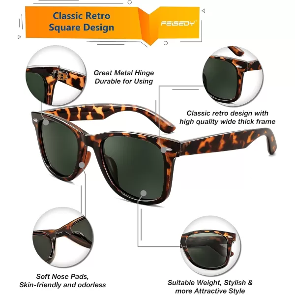 FEISEDY Classic Square Retro Polarized Sunglasses Women Men 80s Sun Glasses Trendy UV400 B1858Leopard Frame  Dark Green Lens