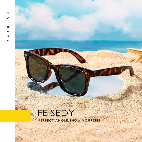 FEISEDY Classic Square Retro Polarized Sunglasses Women Men 80s Sun Glasses Trendy UV400 B1858Leopard Frame  Dark Green Lens