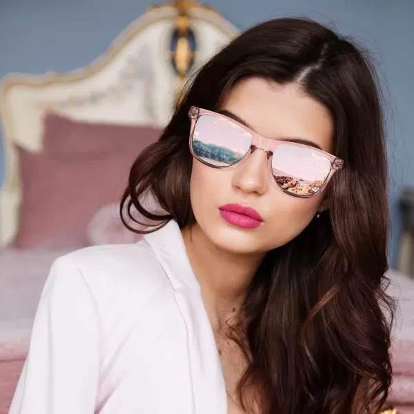 FEISEDY Classic Square Retro Polarized Sunglasses Women Men 80s Sun Glasses Trendy UV400 B1858Pink Frame  Pink Mirror Lens