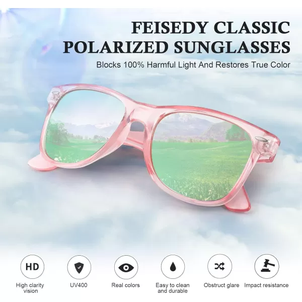 FEISEDY Classic Square Retro Polarized Sunglasses Women Men 80s Sun Glasses Trendy UV400 B1858Pink Frame  Pink Mirror Lens