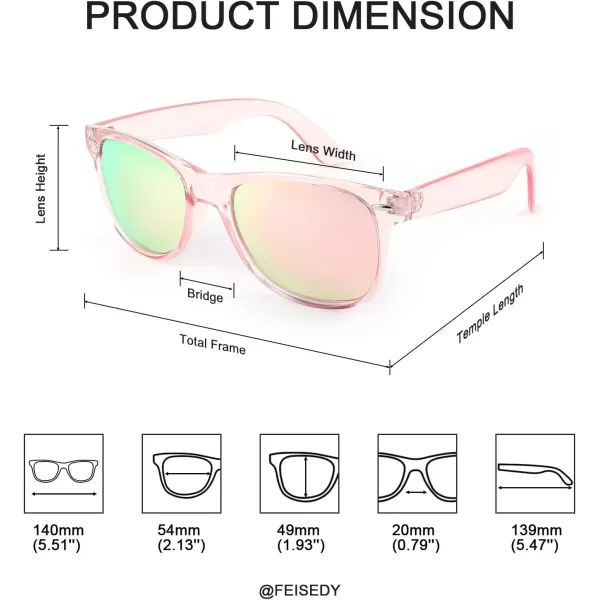 FEISEDY Classic Square Retro Polarized Sunglasses Women Men 80s Sun Glasses Trendy UV400 B1858Pink Frame  Pink Mirror Lens