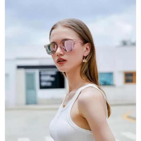 FEISEDY Classic Square Retro Polarized Sunglasses Women Men 80s Sun Glasses Trendy UV400 B1858Pink Frame  Pink Mirror Lens