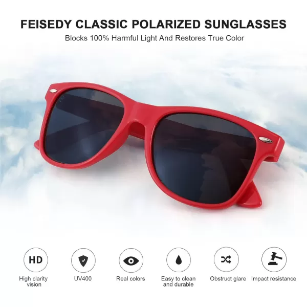 FEISEDY Classic Square Retro Polarized Sunglasses Women Men 80s Sun Glasses Trendy UV400 B1858Red Frame  Grey Lens