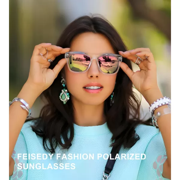 FEISEDY Classic Square Retro Polarized Sunglasses Women Men 80s Sun Glasses Trendy UV400 B1858Transparent Frame  Blue Mirror Lens