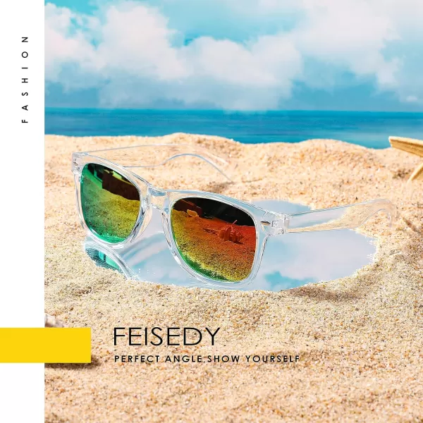 FEISEDY Classic Square Retro Polarized Sunglasses Women Men 80s Sun Glasses Trendy UV400 B1858Transparent Frame  Blue Mirror Lens