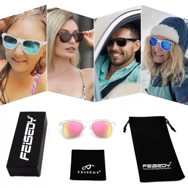 FEISEDY Classic Square Retro Polarized Sunglasses Women Men 80s Sun Glasses Trendy UV400 B1858Transparent Frame  Blue Mirror Lens