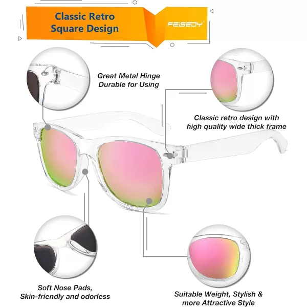 FEISEDY Classic Square Retro Polarized Sunglasses Women Men 80s Sun Glasses Trendy UV400 B1858Transparent Frame  Blue Mirror Lens