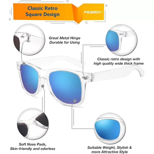 FEISEDY Classic Square Retro Polarized Sunglasses Women Men 80s Sun Glasses Trendy UV400 B1858Transparent Frame  Pink Mirror Lens