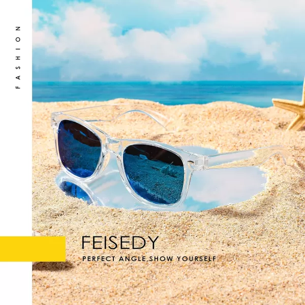 FEISEDY Classic Square Retro Polarized Sunglasses Women Men 80s Sun Glasses Trendy UV400 B1858Transparent Frame  Pink Mirror Lens