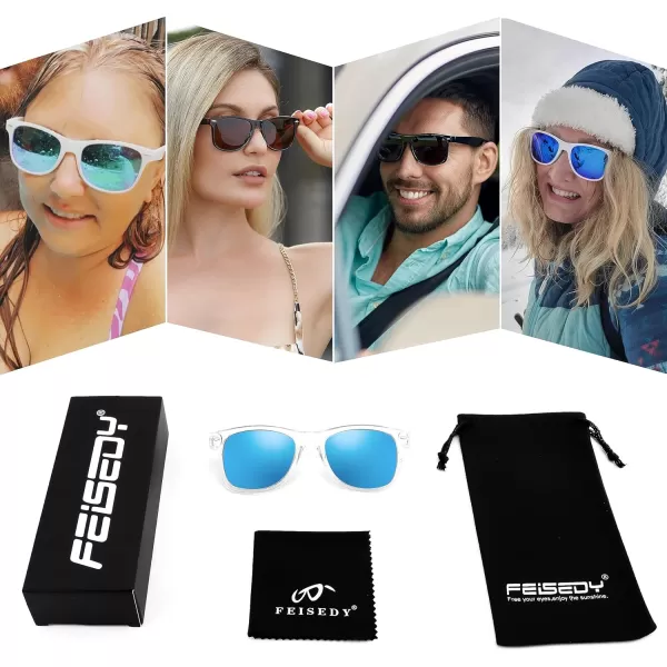 FEISEDY Classic Square Retro Polarized Sunglasses Women Men 80s Sun Glasses Trendy UV400 B1858Transparent Frame  Pink Mirror Lens