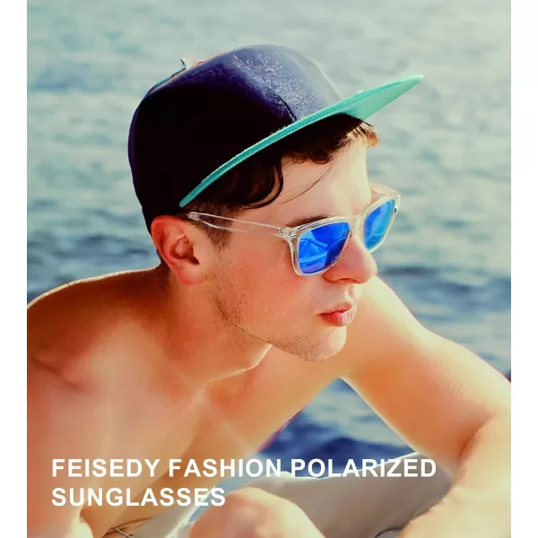FEISEDY Classic Square Retro Polarized Sunglasses Women Men 80s Sun Glasses Trendy UV400 B1858Transparent Frame  Pink Mirror Lens