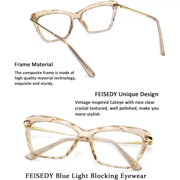 FEISEDY Crystal Cat Eye Glasses Frame Blue Light Blocking Computer Eyewear B2500Champagne