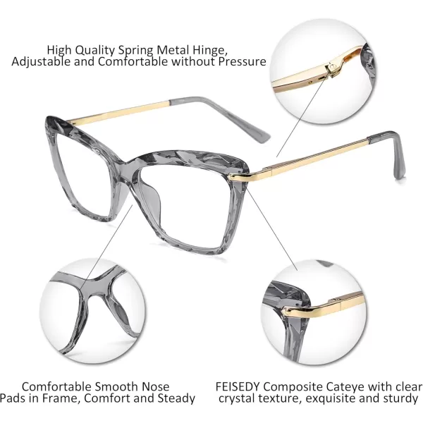 FEISEDY Crystal Cat Eye Glasses Frame Blue Light Blocking Computer Eyewear B2500Grey