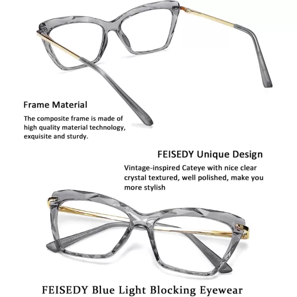 FEISEDY Crystal Cat Eye Glasses Frame Blue Light Blocking Computer Eyewear B2500Grey