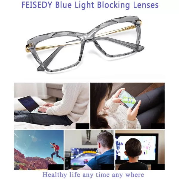 FEISEDY Crystal Cat Eye Glasses Frame Blue Light Blocking Computer Eyewear B2500Grey