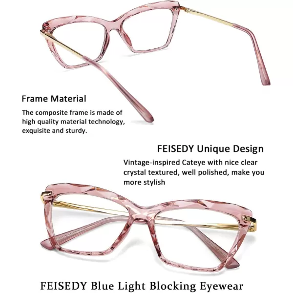 FEISEDY Crystal Cat Eye Glasses Frame Blue Light Blocking Computer Eyewear B2500Pink Crystal