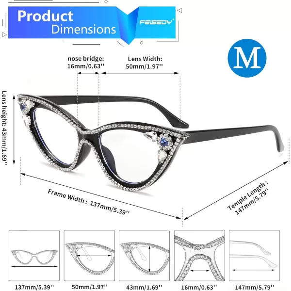 FEISEDY Diamond Blue Light Blocking Glasses Cat Eye Rhinestone Women Glasses Frame Anti Eyestrain Computer Eyewear B0070Black