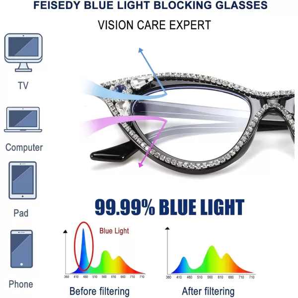 FEISEDY Diamond Blue Light Blocking Glasses Cat Eye Rhinestone Women Glasses Frame Anti Eyestrain Computer Eyewear B0070Black