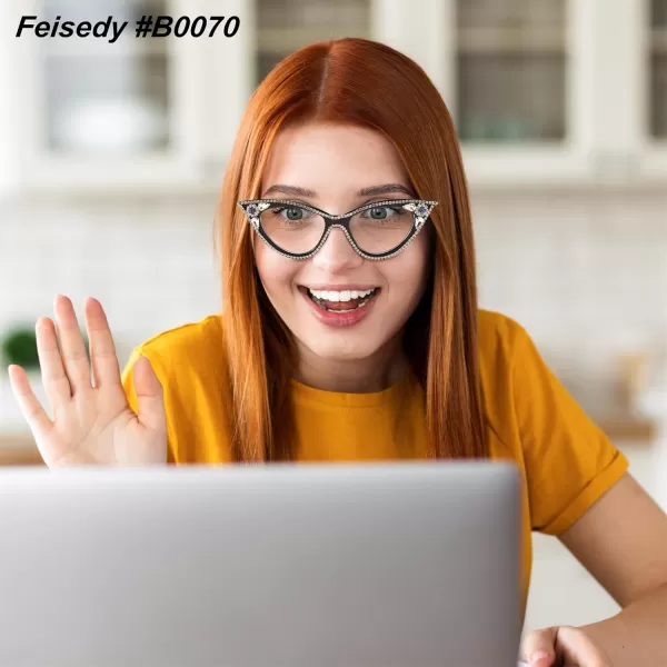 FEISEDY Diamond Blue Light Blocking Glasses Cat Eye Rhinestone Women Glasses Frame Anti Eyestrain Computer Eyewear B0070Black