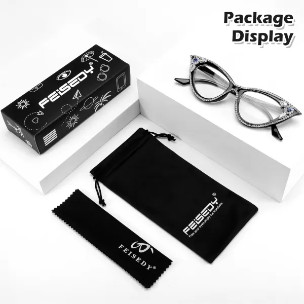 FEISEDY Diamond Blue Light Blocking Glasses Cat Eye Rhinestone Women Glasses Frame Anti Eyestrain Computer Eyewear B0070Black
