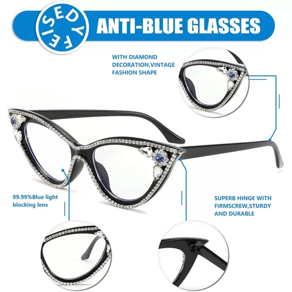 FEISEDY Diamond Blue Light Blocking Glasses Cat Eye Rhinestone Women Glasses Frame Anti Eyestrain Computer Eyewear B0070Black