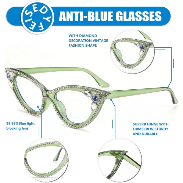 FEISEDY Diamond Blue Light Blocking Glasses Cat Eye Rhinestone Women Glasses Frame Anti Eyestrain Computer Eyewear B0070Green
