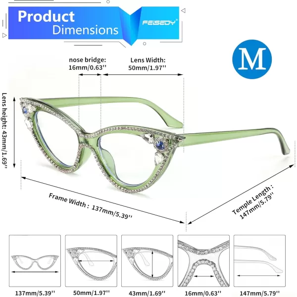 FEISEDY Diamond Blue Light Blocking Glasses Cat Eye Rhinestone Women Glasses Frame Anti Eyestrain Computer Eyewear B0070Green