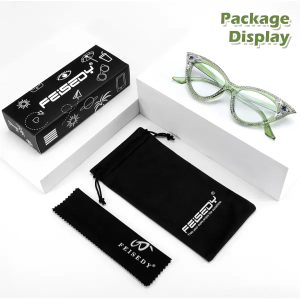 FEISEDY Diamond Blue Light Blocking Glasses Cat Eye Rhinestone Women Glasses Frame Anti Eyestrain Computer Eyewear B0070Green
