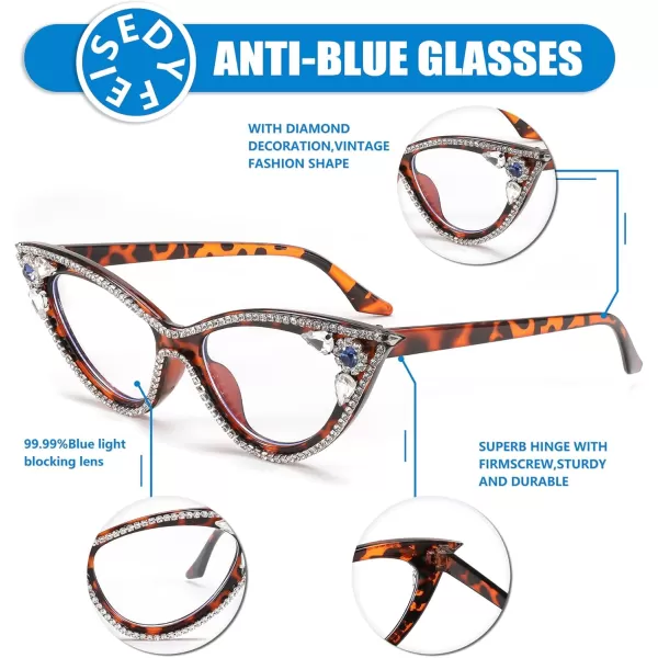 FEISEDY Diamond Blue Light Blocking Glasses Cat Eye Rhinestone Women Glasses Frame Anti Eyestrain Computer Eyewear B0070Leopard
