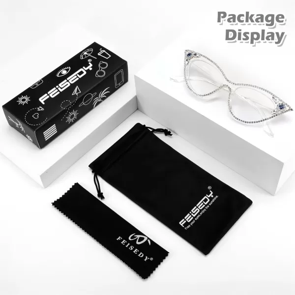 FEISEDY Diamond Blue Light Blocking Glasses Cat Eye Rhinestone Women Glasses Frame Anti Eyestrain Computer Eyewear B0070Transparent